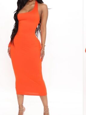 Orange One-Shoulder Midi Dress